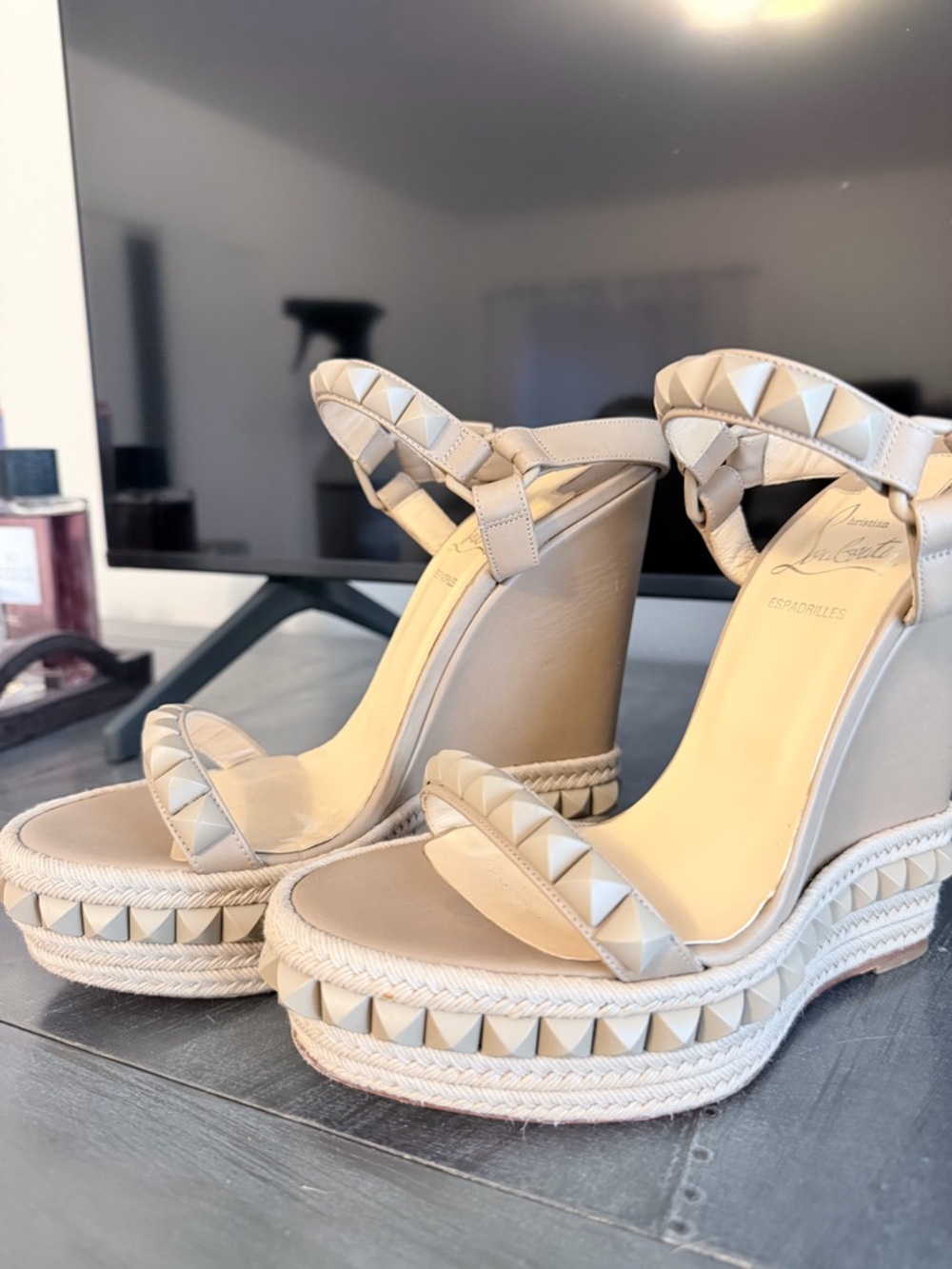 Christian Louboutin Pyraclou Beige Studded Espadrille Wedge Sandals 37